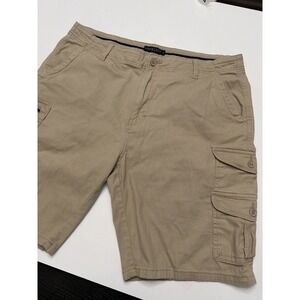 Indigo Beast Cargo Shorts Mens 38 Khaki Stretch Flat Front 10" Inseam.    5200